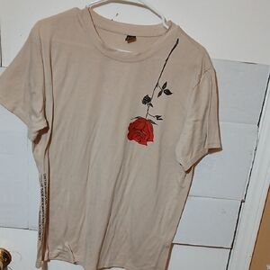 Beige T-Shirt with Red Rose Graphic